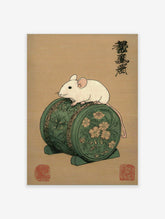 Traditional Japanese Mouse Art Print featuring a white mouse on a green floral drum with calligraphy and red seals.