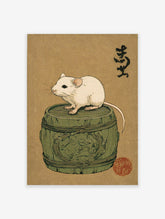 Japanese mouse art print showing a white mouse on a green wooden barrel with black calligraphy and a red seal on brown paper.
