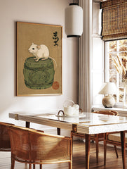 Japanese mouse art print showing a white mouse on a green wooden barrel with black calligraphy and a red seal on brown paper. - Image 3