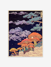 Japanese Mushroom Forest poster featuring vibrant orange mushrooms, a pine tree, and clouds under a starry night sky.