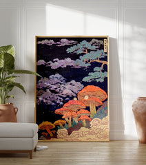 Japanese Mushroom Forest poster featuring vibrant orange mushrooms, a pine tree, and clouds under a starry night sky. - Image 3
