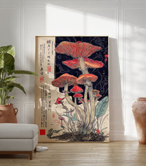 Japanese mushroom poster featuring detailed red and orange fungi illustration with dark background and Japanese calligraphy. - Image 3