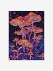 Vibrant Japanese mushroom wall art poster featuring a cluster of orange and purple fungi illustrations against a dark, ethereal background.