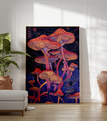 Vibrant Japanese mushroom wall art poster featuring a cluster of orange and purple fungi illustrations against a dark, ethereal background. - Image 3