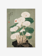 Japanese woodblock print of white gilled mushrooms with red spots, green leaves, and calligraphy on a green background