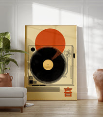 Japanese music poster with a black vinyl record on a turntable, an orange sun, and Japanese character. - Image 3