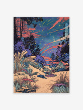 Japanese poster of a vibrant Ukiyo-e style night forest with a meteor shower and glowing fireflies among trees and plants.