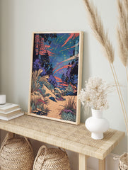 Japanese poster of a vibrant Ukiyo-e style night forest with a meteor shower and glowing fireflies among trees and plants. - Image 4