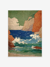 Japanese ukiyo-e style ocean wall art print depicting crashing waves against orange cliffs and a green sky.