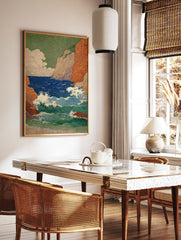 Japanese ukiyo-e style ocean wall art print depicting crashing waves against orange cliffs and a green sky. - Image 2