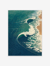 Japanese woodblock style art print of ocean waves with blue and teal water crashing onto a beige sand beach