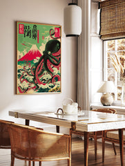 Japanese octopus poster with Mt. Fuji, waves, and vintage airplanes in a Ukiyo-e art style with green, red, and black colors. - Image 2