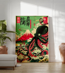 Japanese octopus poster with Mt. Fuji, waves, and vintage airplanes in a Ukiyo-e art style with green, red, and black colors. - Image 3