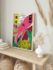 Vibrant Japanese octopus poster in Ukiyo-e style, featuring a red octopus surrounded by green and yellow plants on a dotted background. - Image 4