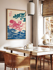 Japanese Octopus Wall Art featuring a red octopus, blue waves, and a pine tree in ukiyo-e woodblock print style. - Image 2