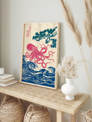 Japanese Octopus Wall Art featuring a red octopus, blue waves, and a pine tree in ukiyo-e woodblock print style. - Image 3