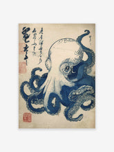 Blue Japanese Ukiyo-e style illustration of an octopus with detailed tentacles and traditional Japanese calligraphy.