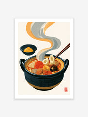 Illustrative Japanese Oden stew in a dark ceramic pot with rising steam and a side bowl of mustard on a cream background