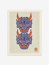 Japanese Oni mask wall art print with two stacked demon faces in blue and red on a cream background