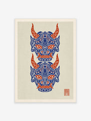 Japanese Oni mask wall art print with two stacked demon faces in blue and red on a cream background