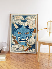 Blue Japanese Oni mask illustration surrounded by clouds in a traditional ukiyo-e style art print, cultural wall decor. - Image 2