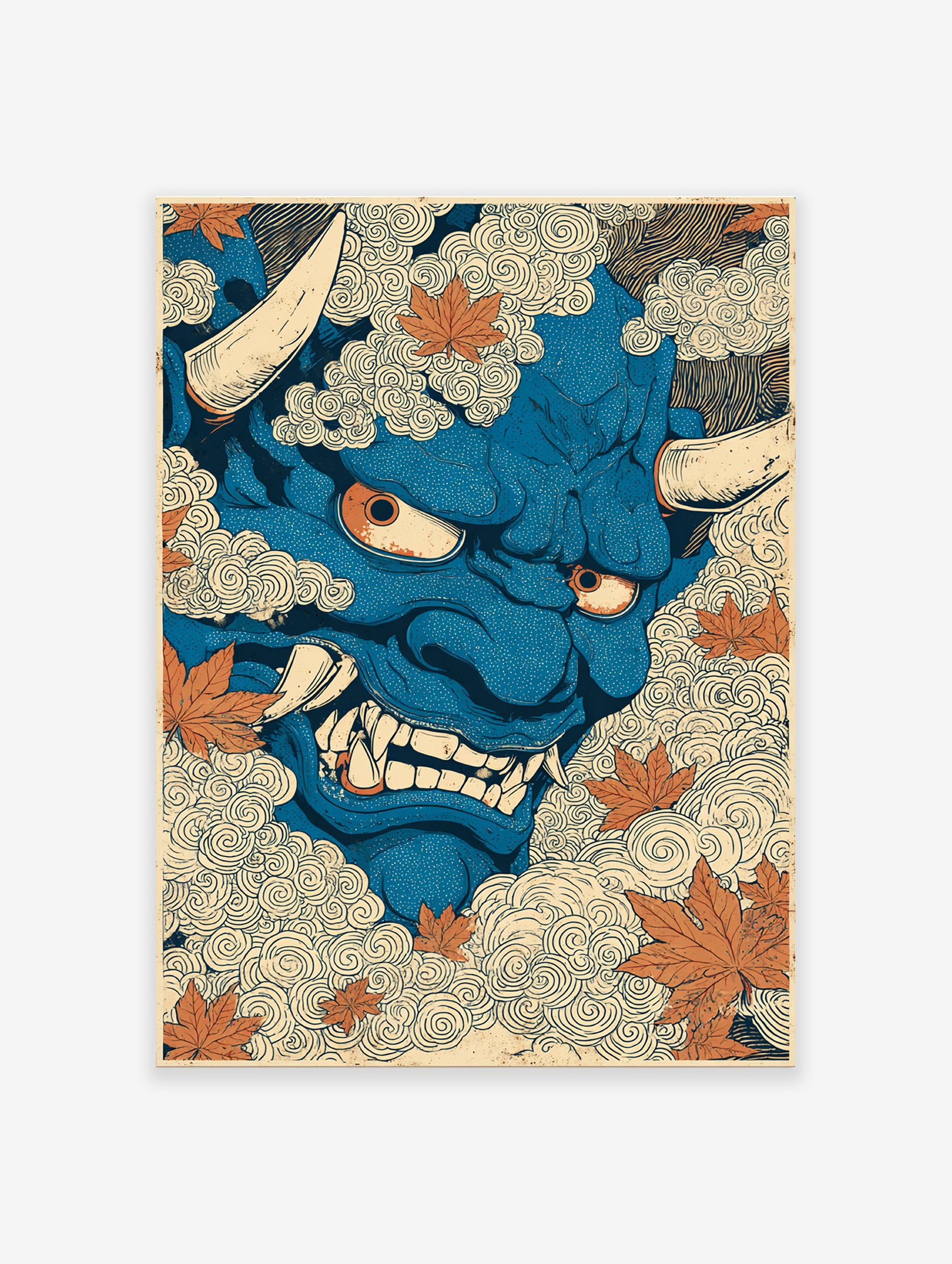 Blue Japanese Oni mask illustration with horns and fangs, surrounded by swirling clouds and orange maple leaves.