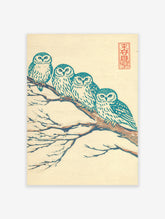 Japanese owl art print of four teal and white owls perched on a brown, snow-covered branch against a cream background.