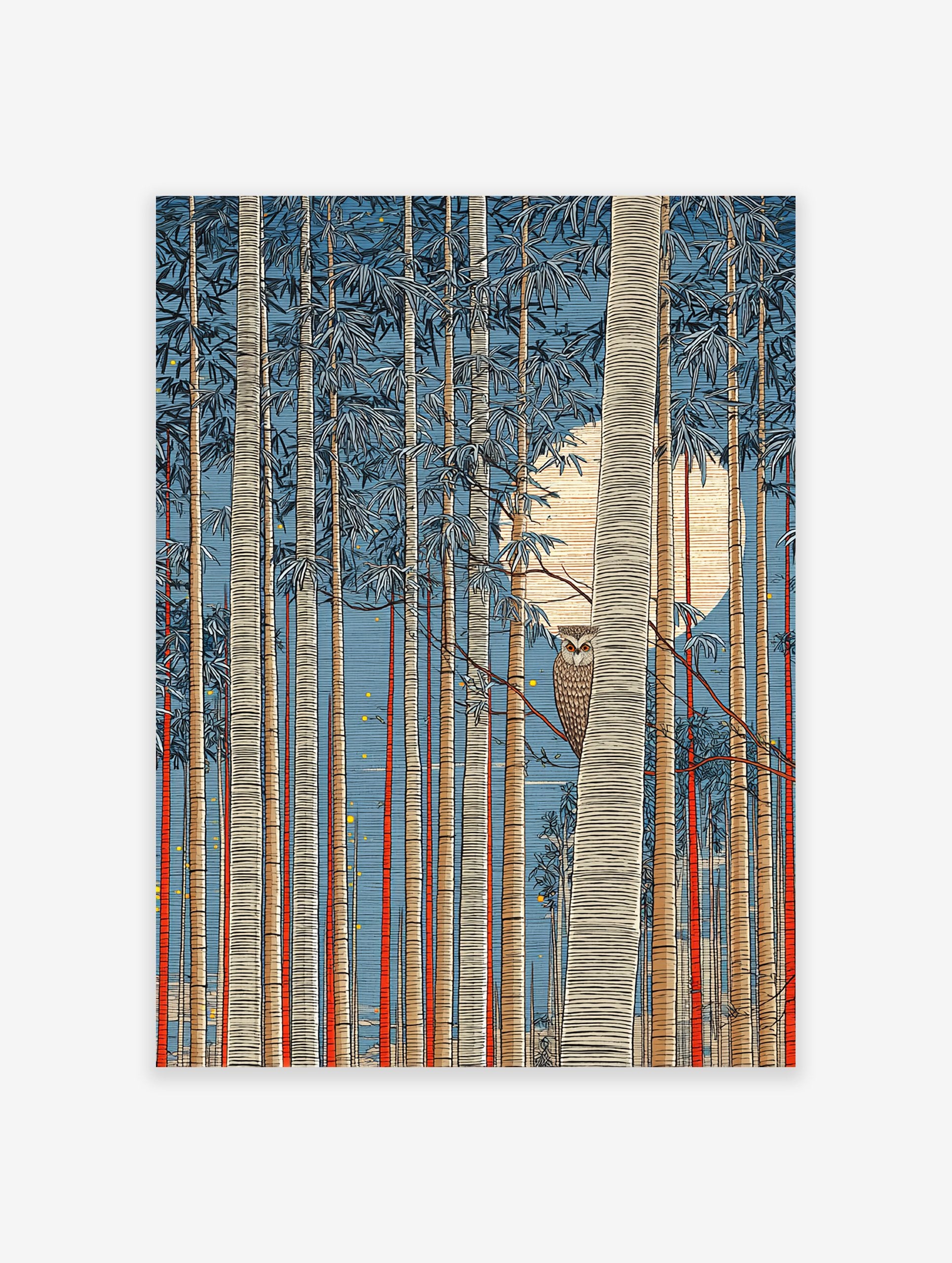 Japanese woodblock style art print of an owl perched in a bamboo forest under a full moon, perfect Japanese Owl Wall Art.