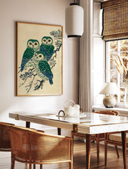 Three green and blue Japanese owls perched on a pine branch, depicted in a traditional Ukiyo-e style art print. - Image 2