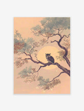 Japanese owl wall art print of an owl perched on a tree branch against a large full moon in a soft, peachy sky.