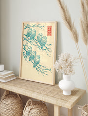Japanese owl wall art showing seven teal owls on tree branches in a woodblock print style on a cream background. - Image 3