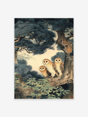 Three barn owls perched on a pine tree branch in a traditional Japanese art style, Japanese Owl Wall Art.