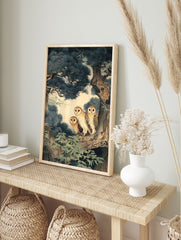 Three barn owls perched on a pine tree branch in a traditional Japanese art style, Japanese Owl Wall Art. - Image 3