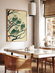 Japanese owl print featuring four green and white owls perched on dark blue branches on a cream textured background, with red seal. - Image 2