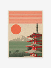 Japanese Pagoda poster with Mount Fuji, a red sun, and green striped landscape in an illustrative style.