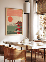 Japanese Pagoda poster with Mount Fuji, a red sun, and green striped landscape in an illustrative style. - Image 2