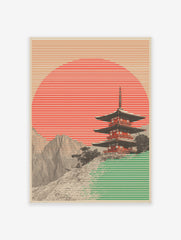 Japanese Pagoda Poster with a red striped sun, green foreground, and detailed mountains.