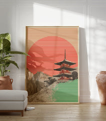 Japanese Pagoda Poster with a red striped sun, green foreground, and detailed mountains. - Image 3