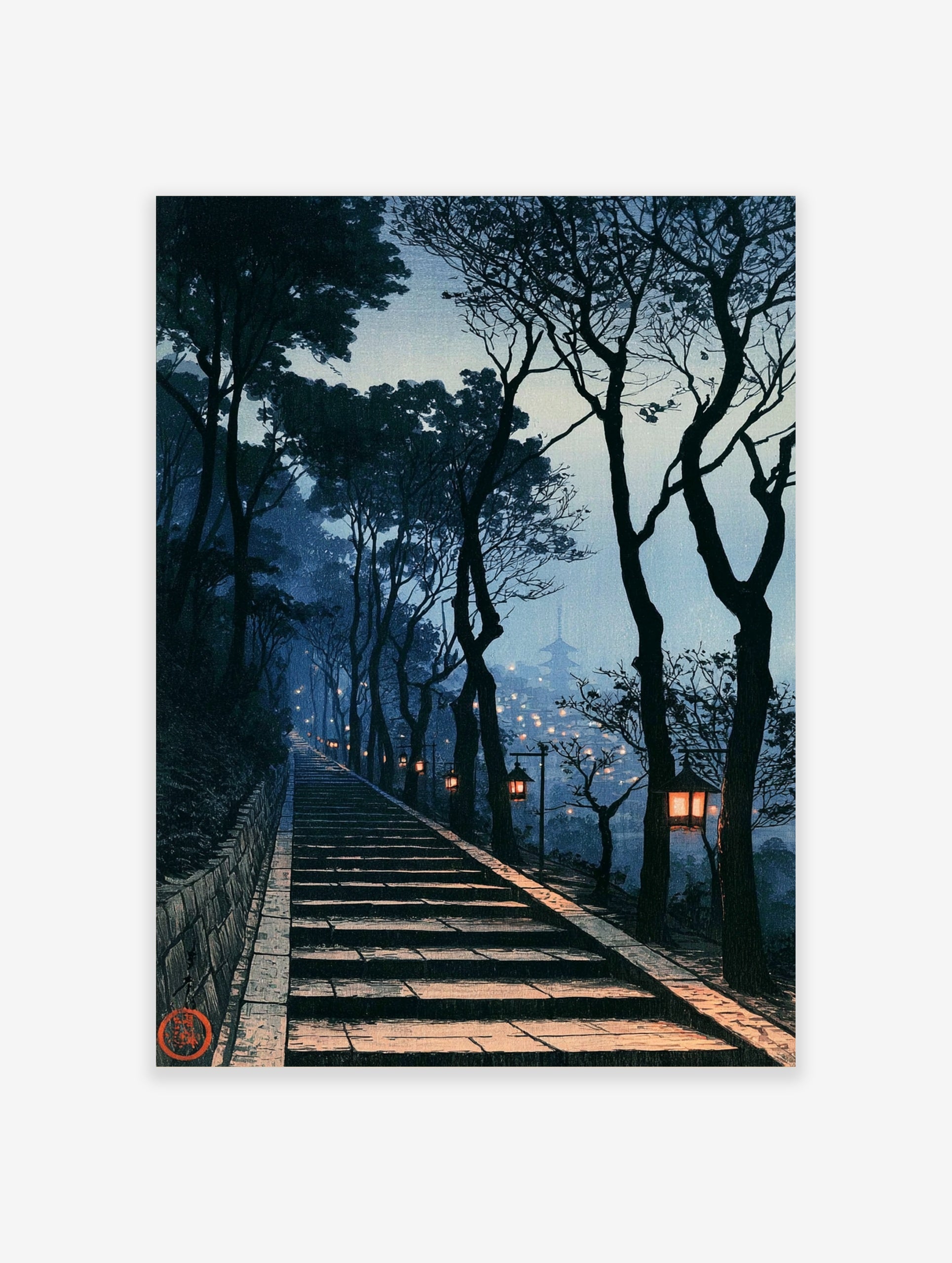 Japanese stone staircase with glowing lanterns and distant pagoda at twilight, illustrative art print