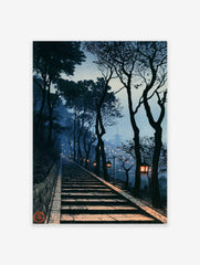Japanese stone staircase with glowing lanterns and distant pagoda at twilight, illustrative art print