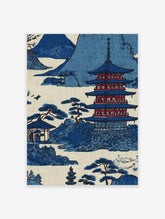 Traditional Japanese Pagoda Wall Art print featuring a blue and white landscape with mountains, pagoda, and pine trees.