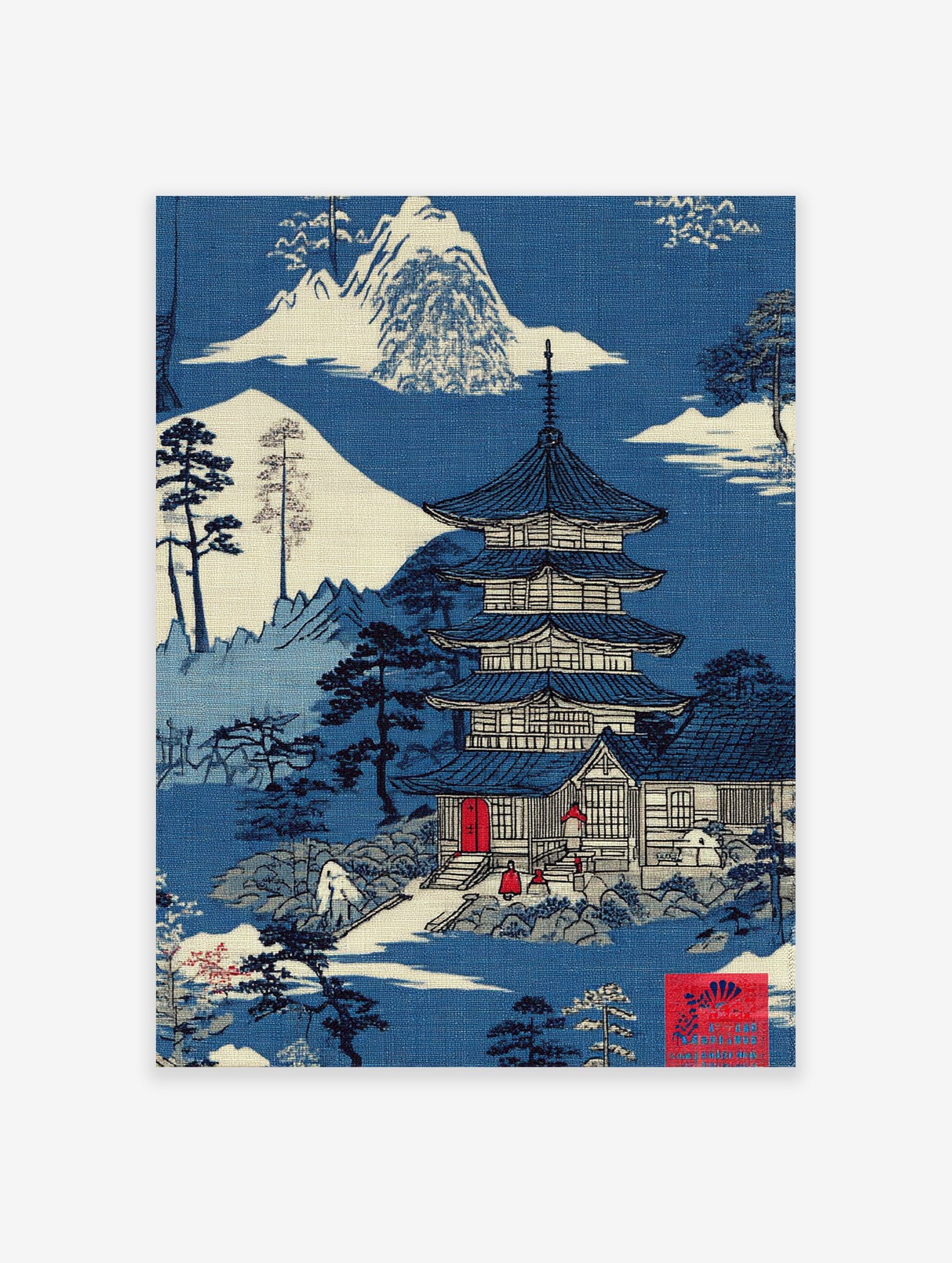 Traditional Japanese Pagoda Wall Art in a serene blue and white landscape with mountains, trees, and a temple design.