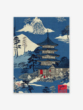 Traditional Japanese Pagoda Wall Art in a serene blue and white landscape with mountains, trees, and a temple design.