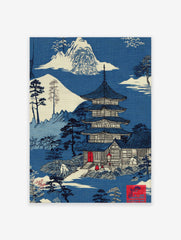 Traditional Japanese Pagoda Wall Art in a serene blue and white landscape with mountains, trees, and a temple design.