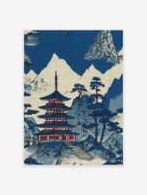 Japanese pagoda art print with blue mountains and trees on a white background, in a traditional illustrative style.