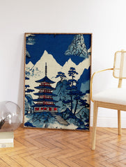 Japanese pagoda art print with blue mountains and trees on a white background, in a traditional illustrative style. - Image 2