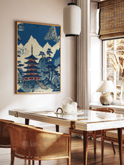 Japanese pagoda art print with blue mountains and trees on a white background, in a traditional illustrative style. - Image 3