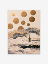 Japanese pagoda emerging from clouds with floating gold circles, illustrative style wall art print on neutral background
