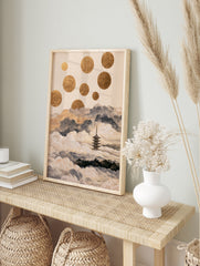 Japanese pagoda emerging from clouds with floating gold circles, illustrative style wall art, in an alternate framed mockup