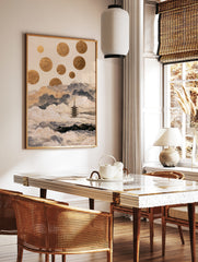Japanese pagoda emerging from clouds with floating gold circles, illustrative style wall art print, in a styled room mockup